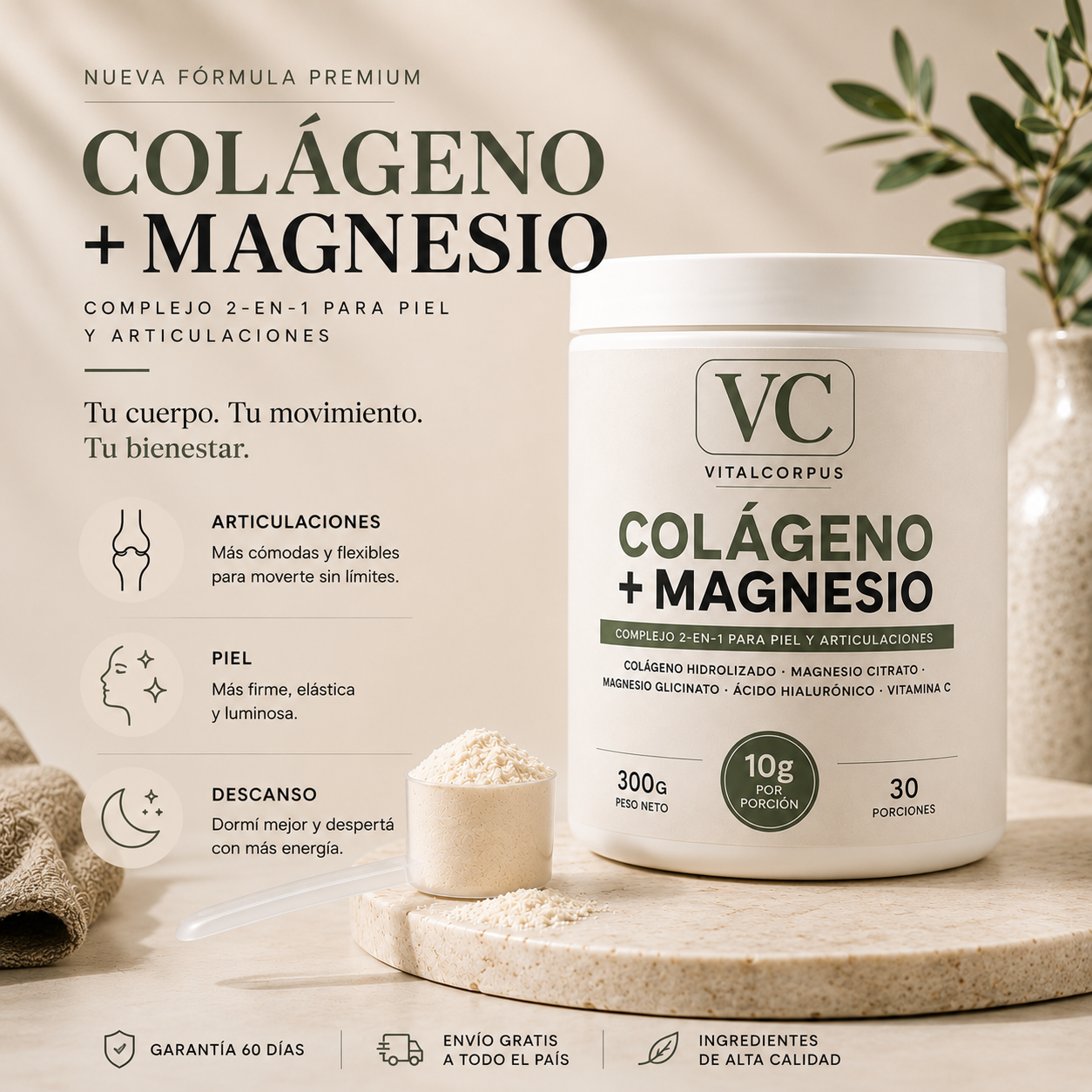 VITALCORPUS™ | Colágeno + Magnesio en Polvo Piel, articulaciones y descanso. Todo en un pote.