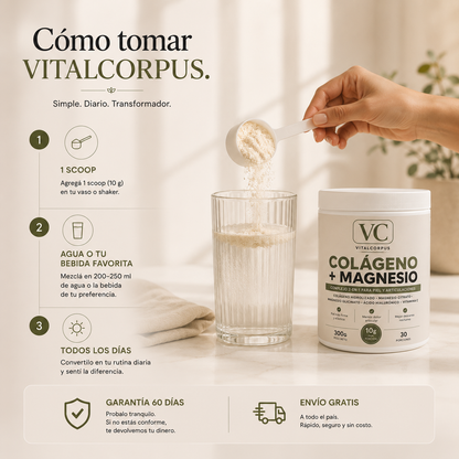 VITALCORPUS™ | Colágeno + Magnesio en Polvo Piel, articulaciones y descanso. Todo en un pote.